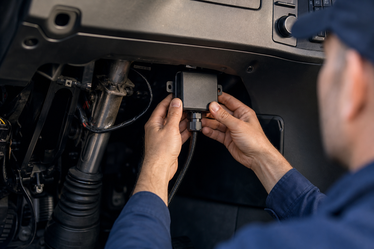 Technician installing a GPS tracking device in a vehicle