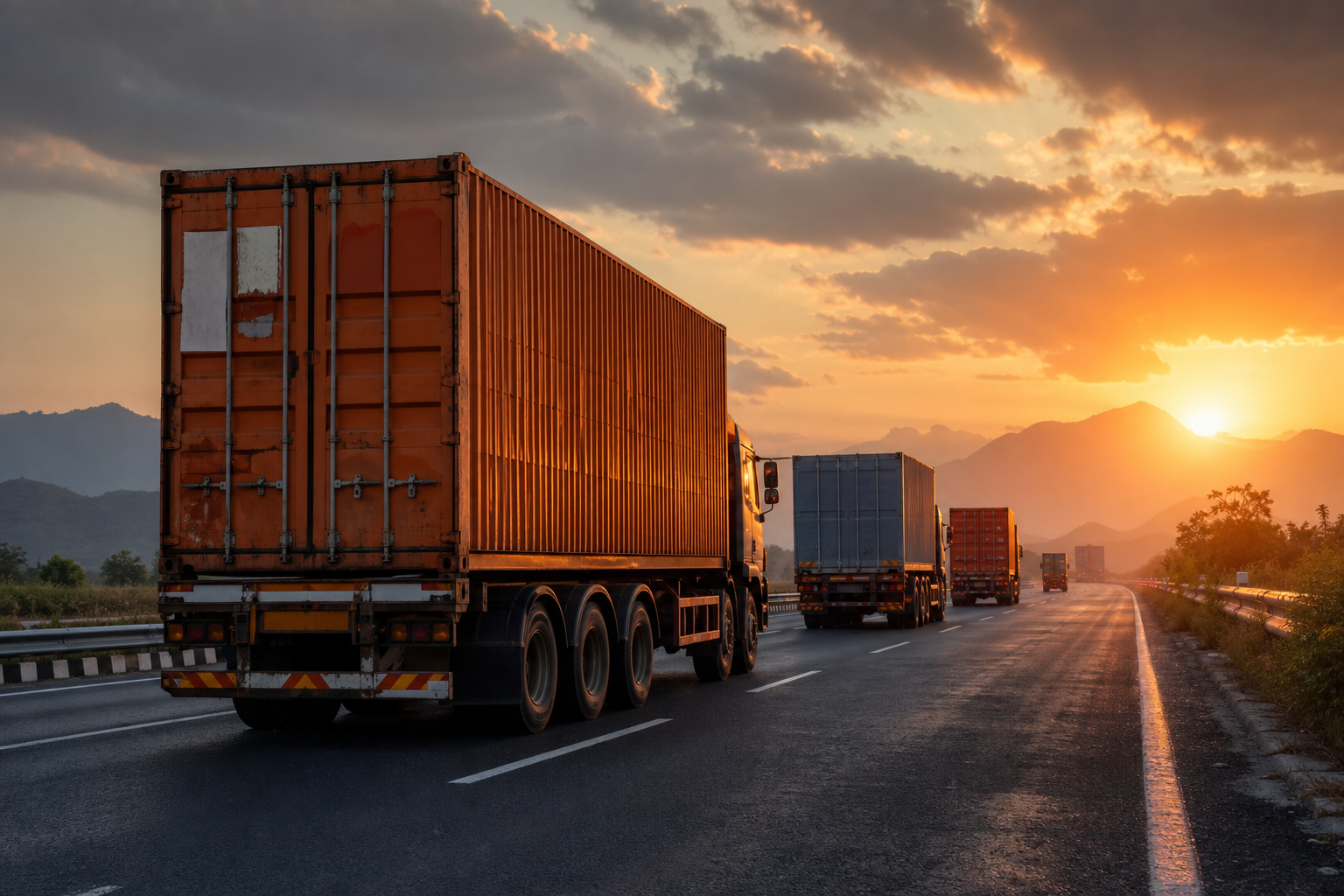 Commercial trucks on an open highway at golden hour