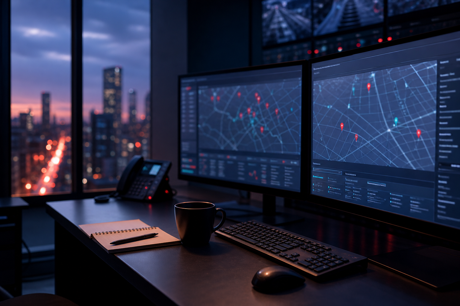 Fleet operations desk monitoring live vehicle routes